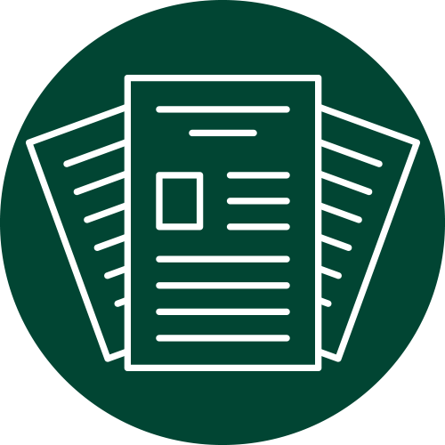 green statement reviews icon, three pieces of paper, statement review services