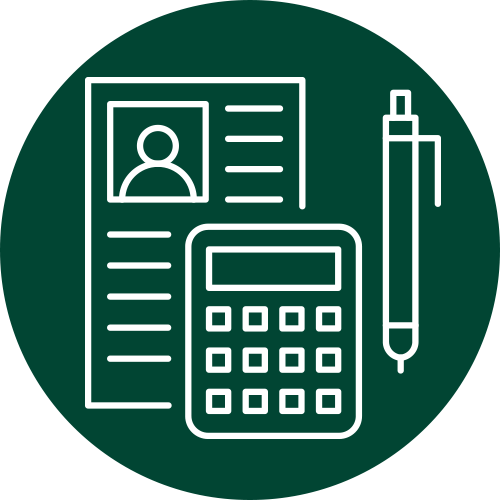 green payroll icon, statement paper and calculator and pen